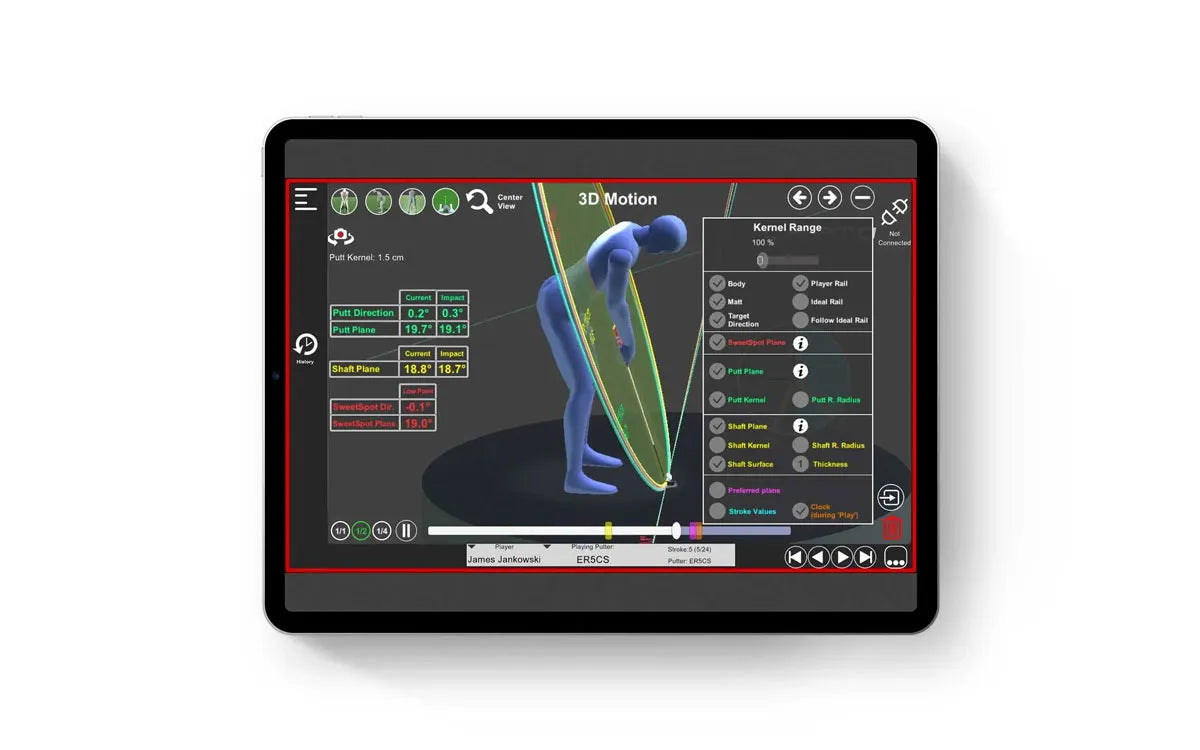 Capto App showing 3D swing analysis on a tablet device 