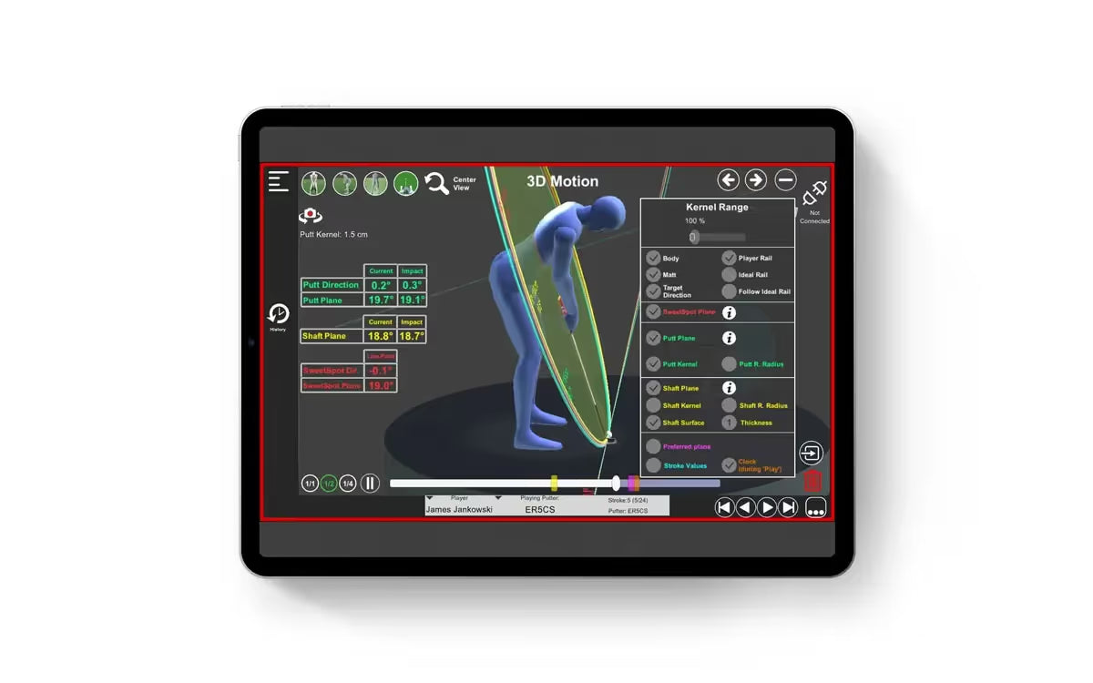 Capto App showing 3D swing analysis on a tablet device