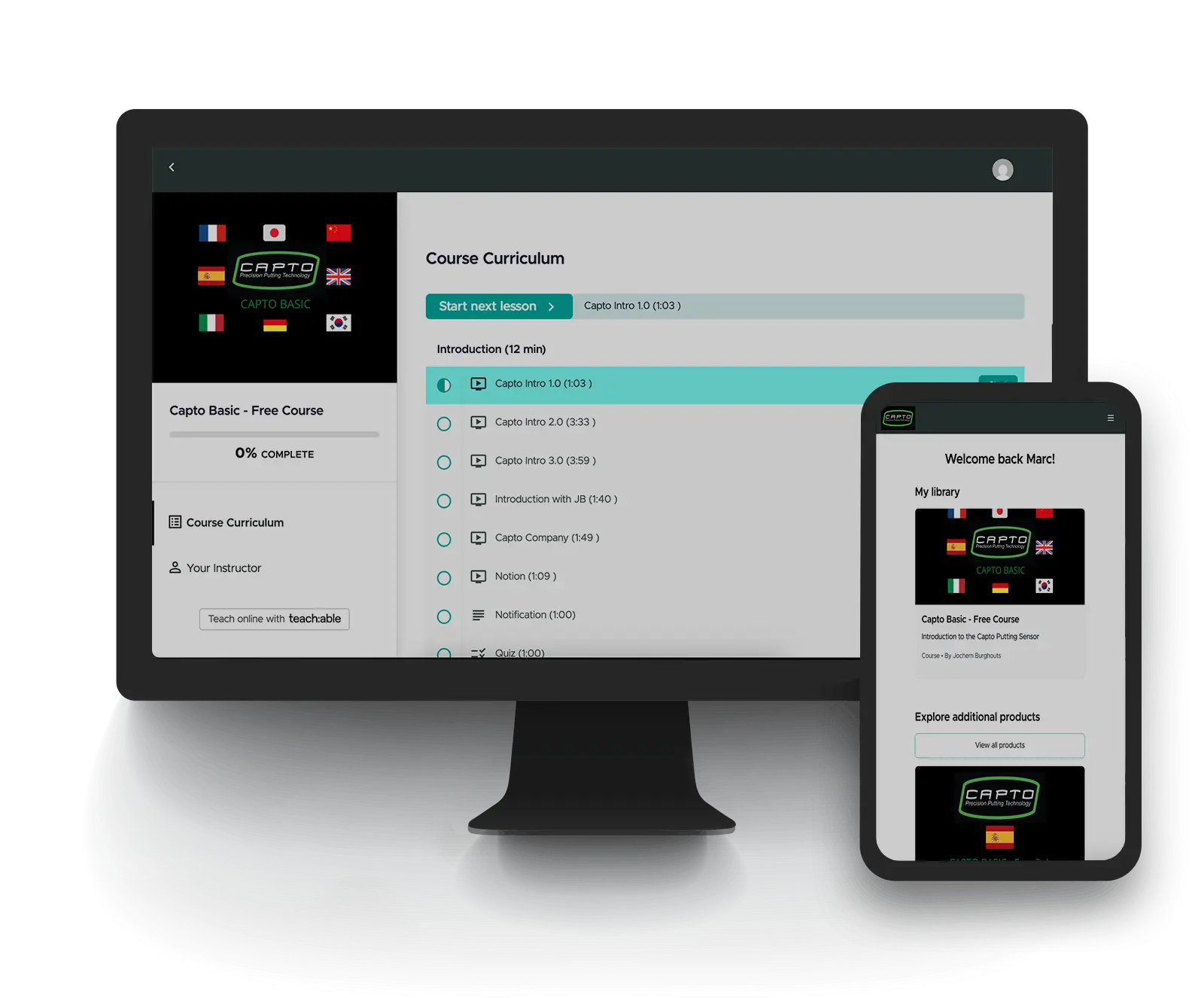 How the user would see the Capto Course website shown on both desktop and mobile devices.
