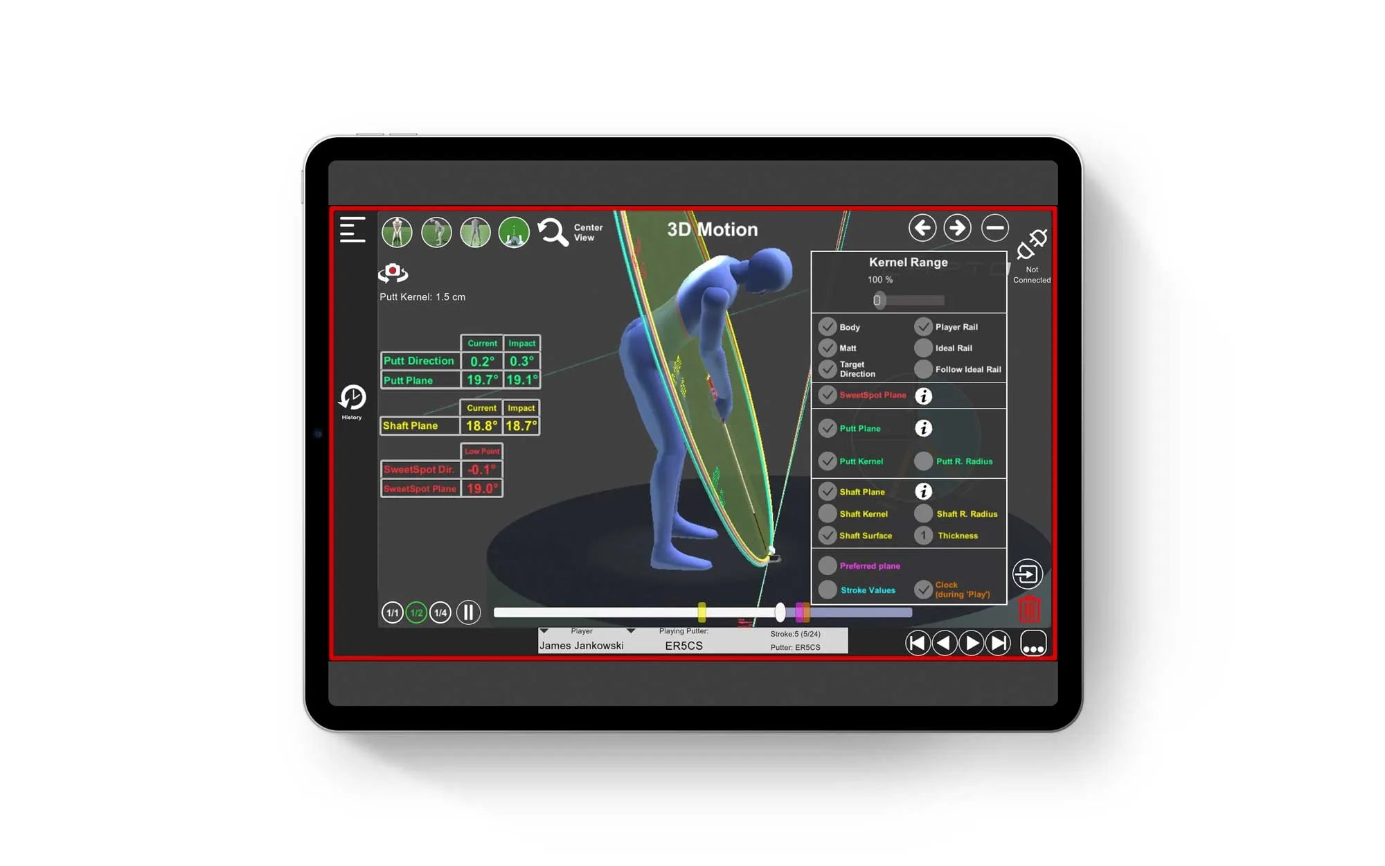 Capto App showing 3D swing analysis on a tablet device 