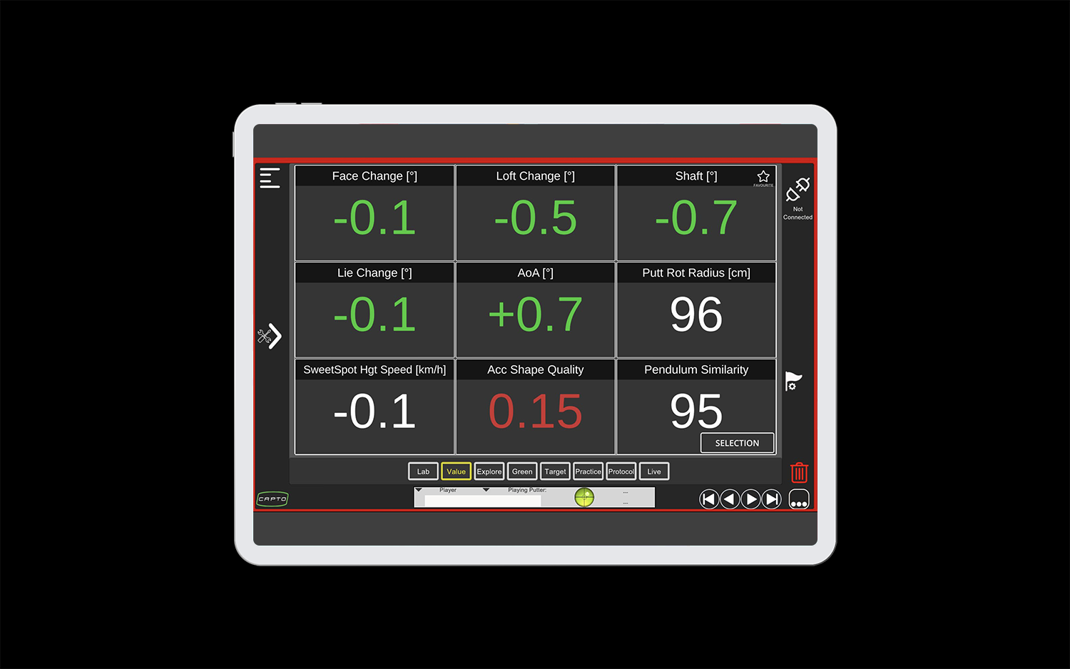 Capto app stroke metrics display on a tablet device