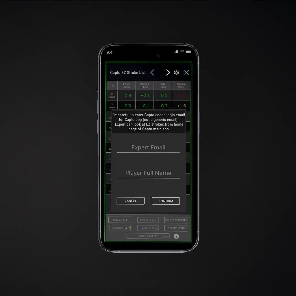 Mobile mockup to show how a player can send their data to a Capto Coach.