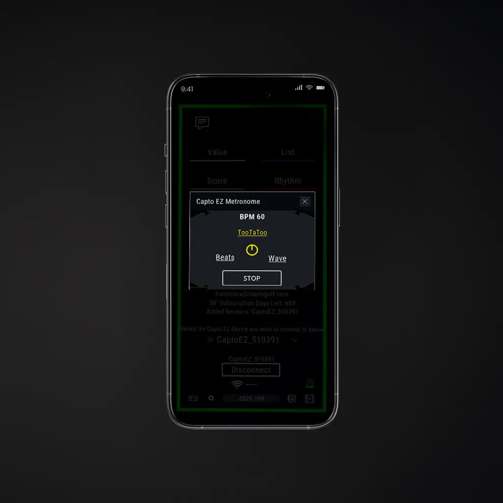 Mobile mockup to show the metronome feature for tuning in putting stroke tempo.