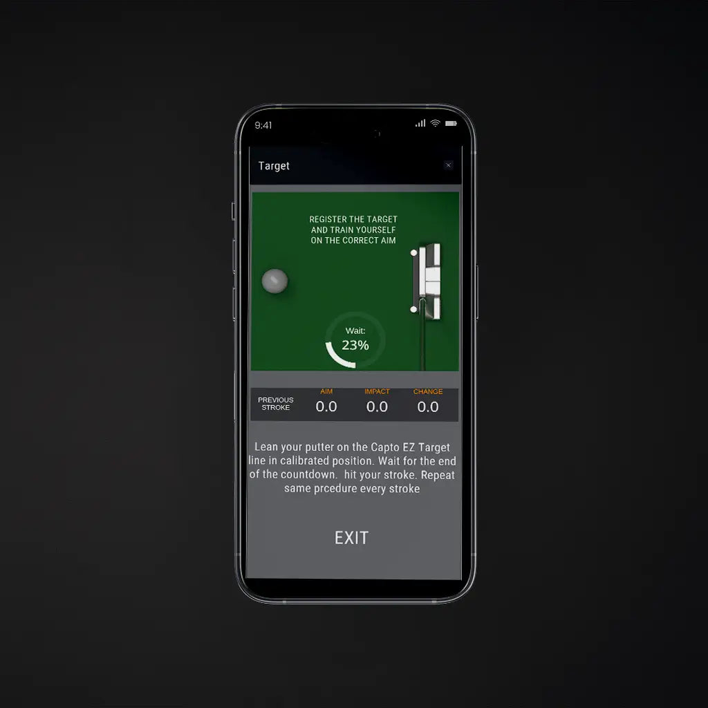 Mobile mockup to show the outputs of aim setup when using the Capto App. Their is a putter on a green background pointing towards a ball to show the correct aim and if the player is square.
