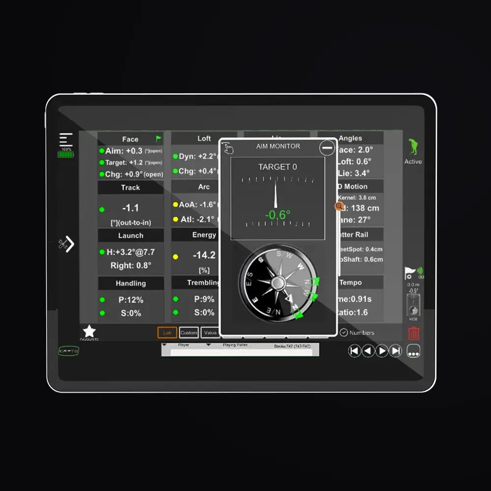 Tablet display of the Capto App showing aim data made using the Capto Gen 3 Device. Tablet shows a compass and how accurately the player is set up to their target.