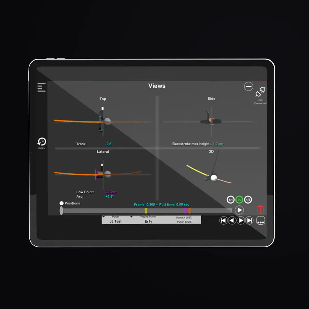 Tablet display of the Capto App showing stroke metrics made using the Capto Gen 3 Device. Tablet shows putting arcs so player can see their stroke in a visual graphic.