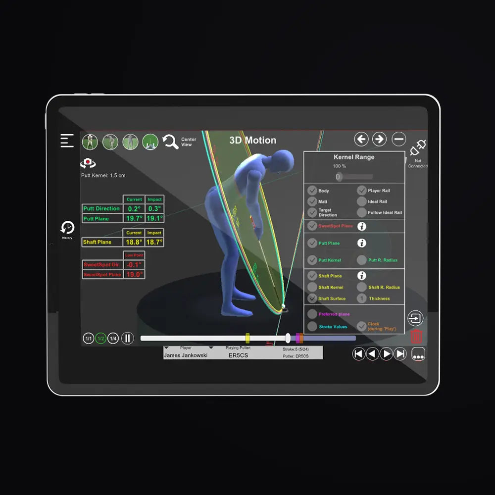 Tablet display of the Capto App showing the stroke made using the Capto Gen 3 Device. Tablet shows a player in 3D and the motion of the stroke that the player is making,