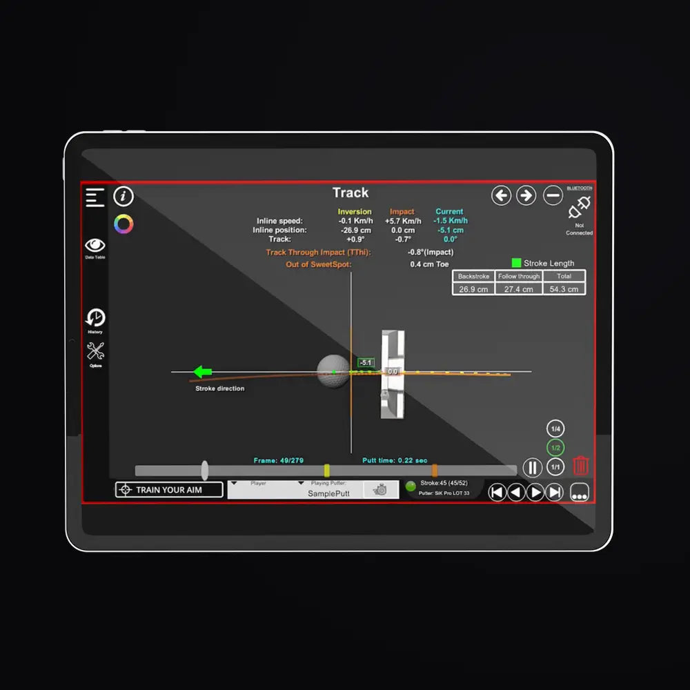 Tablet display of the Capto App showing stroke metrics made using the Capto Gen 3 Device. Tablet shows putting arcs so player can see their stroke in a visual graphic.