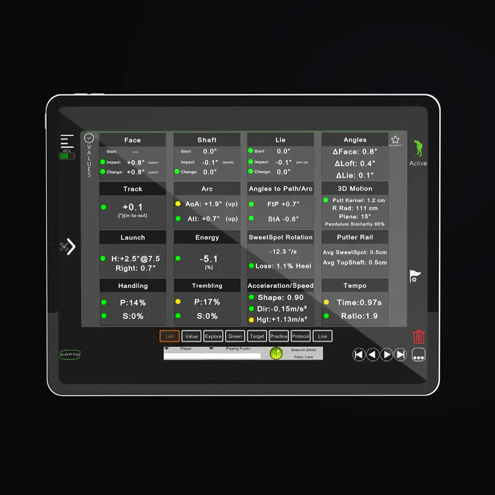 Tablet display of the Capto App showing stroke metrics made using the Capto Gen 3 Device. Tablet shows all the parameters open to the player broken down into granular part strokes with colour indicators next to them.